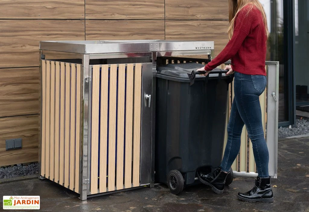 Cache Poubelle Extérieur Double Inox Imitation Bois – 2x 240 Litres – Image 3