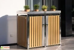 Cache Poubelle Extérieur Double Inox Imitation Bois – 2x 240 Litres