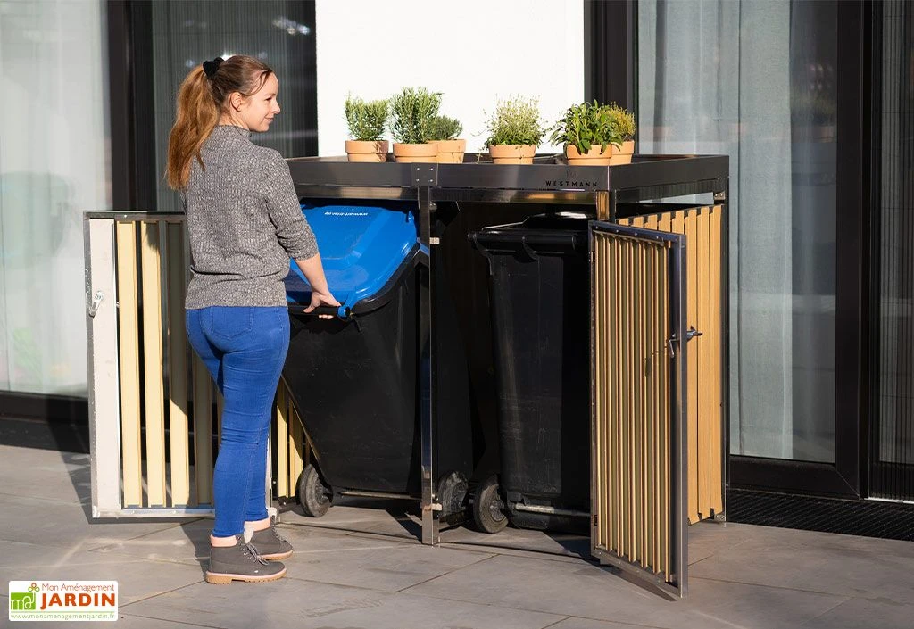 Cache Poubelle Extérieur Double Inox Imitation Bois – 2x 240 Litres – Image 2