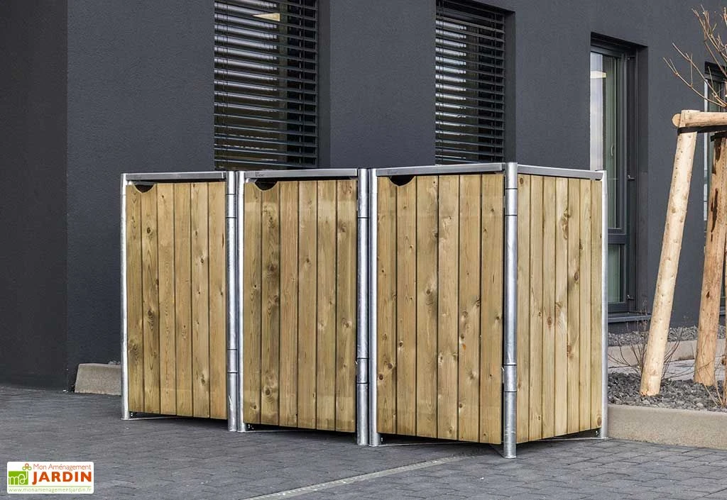 Cache-poubelle Triple En Acier Et Bois De Pin Traité 209 X 80 X 115 Cm – Image 2