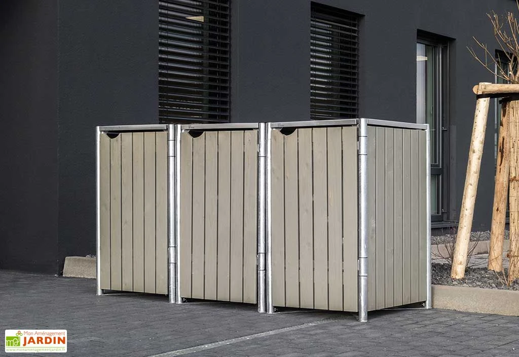 Cache-poubelle Triple En Acier Et Bois De Pin Traité 209 X 80 X 115 Cm – Image 3