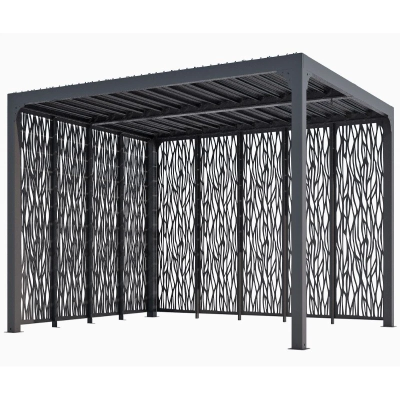 Pergola Bioclimatique Aluminium Anthracite 10,80m² Toit Lames Ovales + Panneaux Moucharabieh Gris Côté 3m+côté 3,60m HABRITA – Image 3