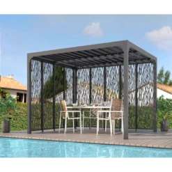 Pergola Bioclimatique Aluminium Anthracite 10,80m² Toit Lames Ovales + Panneaux Moucharabieh Gris Côté 3m+côté 3,60m HABRITA