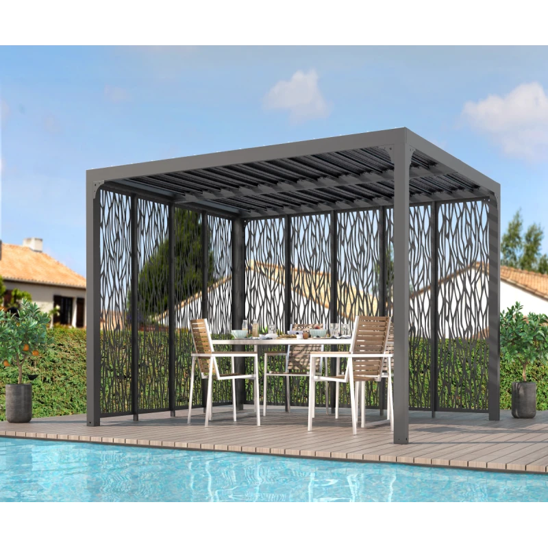 Pergola Bioclimatique Aluminium Anthracite 10,80m² Toit Lames Ovales + Panneaux Moucharabieh Gris Côté 3m+côté 3,60m HABRITA